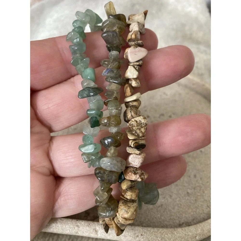 Natural Stone Chip Bead Bracelet Multi Strand Green Brown Semi Precious Gemstone